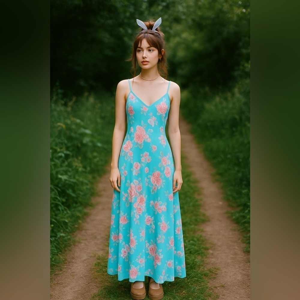 Vintage La Vie en Rose Blue Floral Y2K 90s Slip Style Maxi Dress Size L - Picture 2 of 13